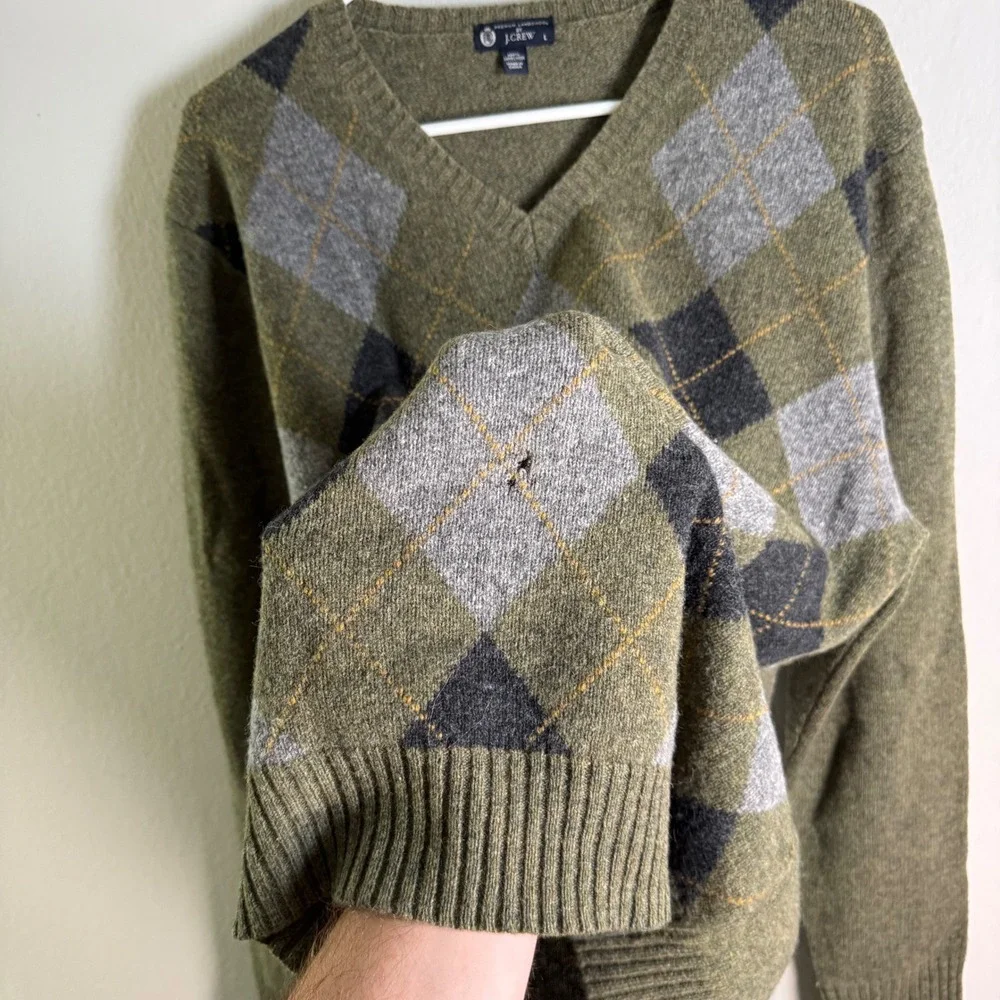 J.Crew Mens Lambswool Argyle V-Neck Sweater‎ Olive Green Grey Large L